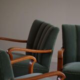 Danish Art Deco, set of 3 oak armchairs, reupholstered in green mohair, 1930s.