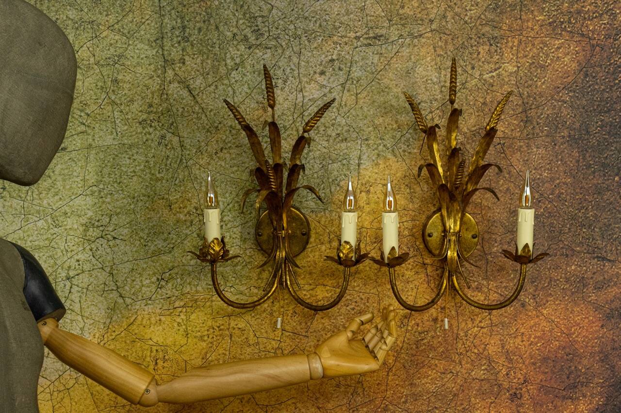 Pair of Hollywood Regency Style Gilt Metal Double-Arm Wheat Sconces, 1970s