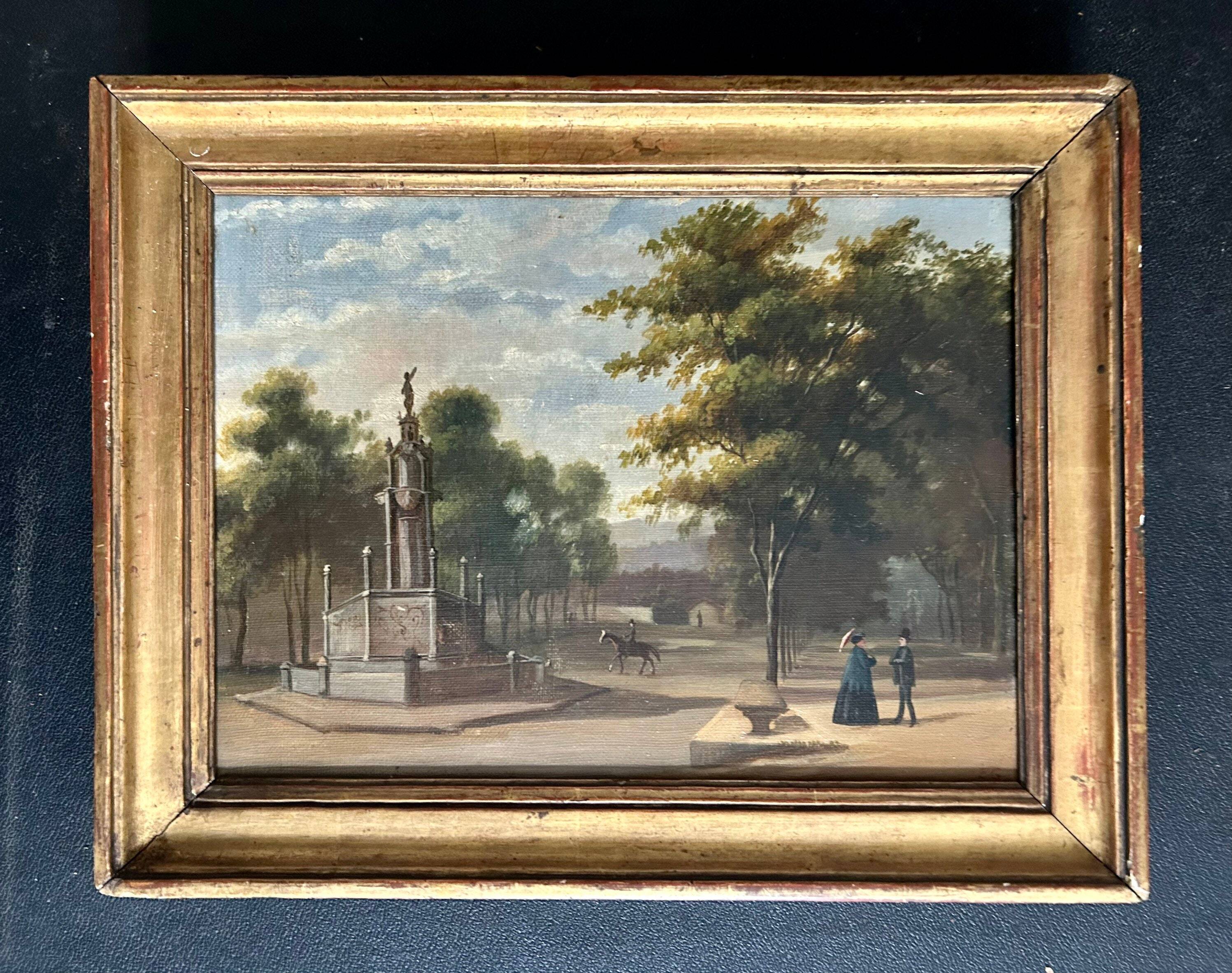 French oil painting from 1880s depicting a park promenade during Victorian era in Paris. Impressioni