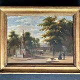 French oil painting from 1880s depicting a park promenade during Victorian era in Paris. Impressioni