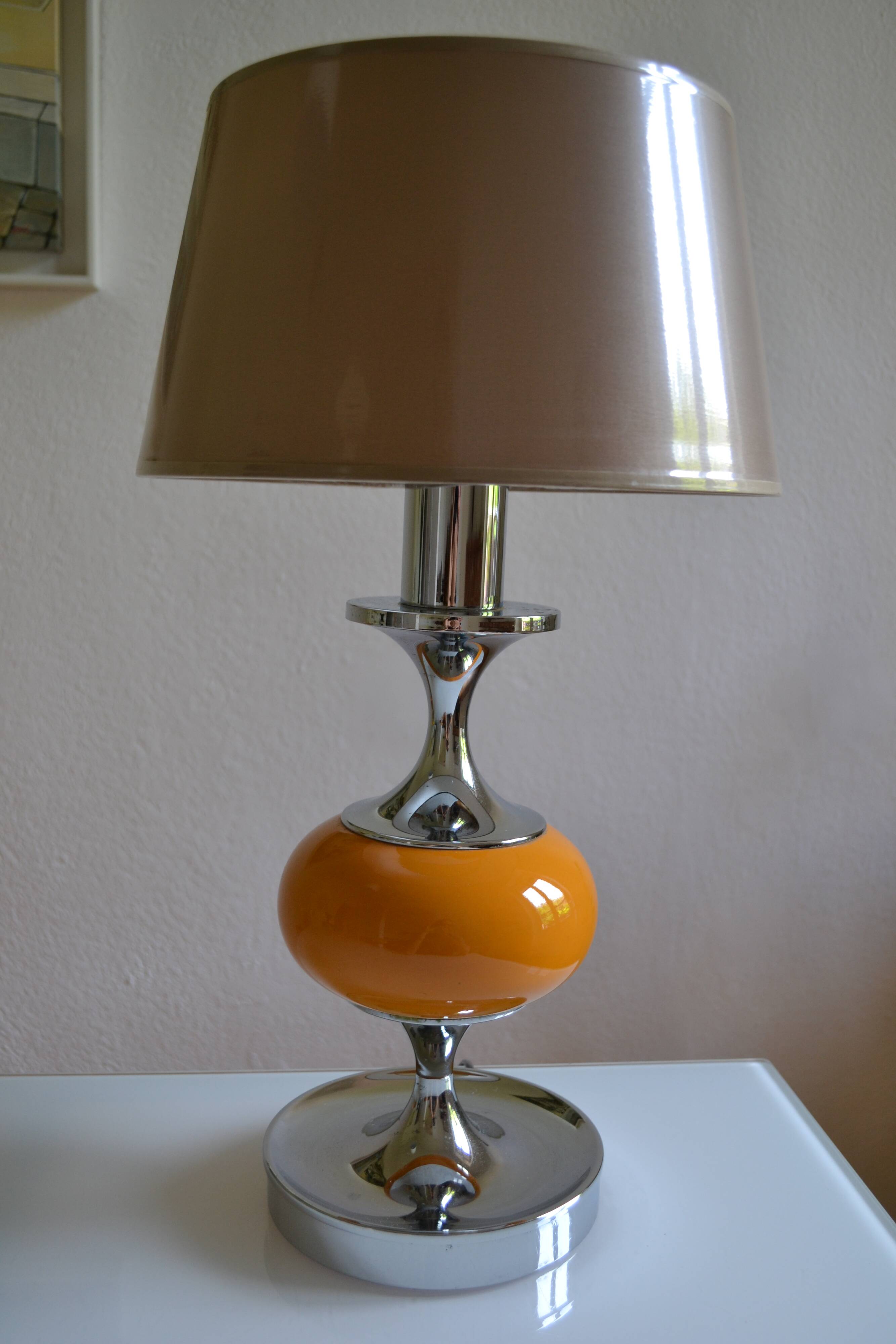Vintage lamp base yellow and chrome metal circa 1970
