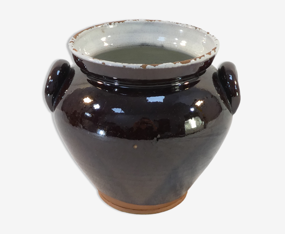 Ancien pot en terre cuite vernissé marron et blanc signé dignac