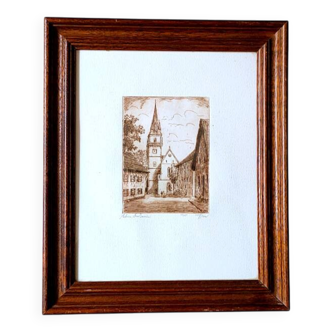 Illegible signature painting – engraving, no. 17/150 – achern, großweier