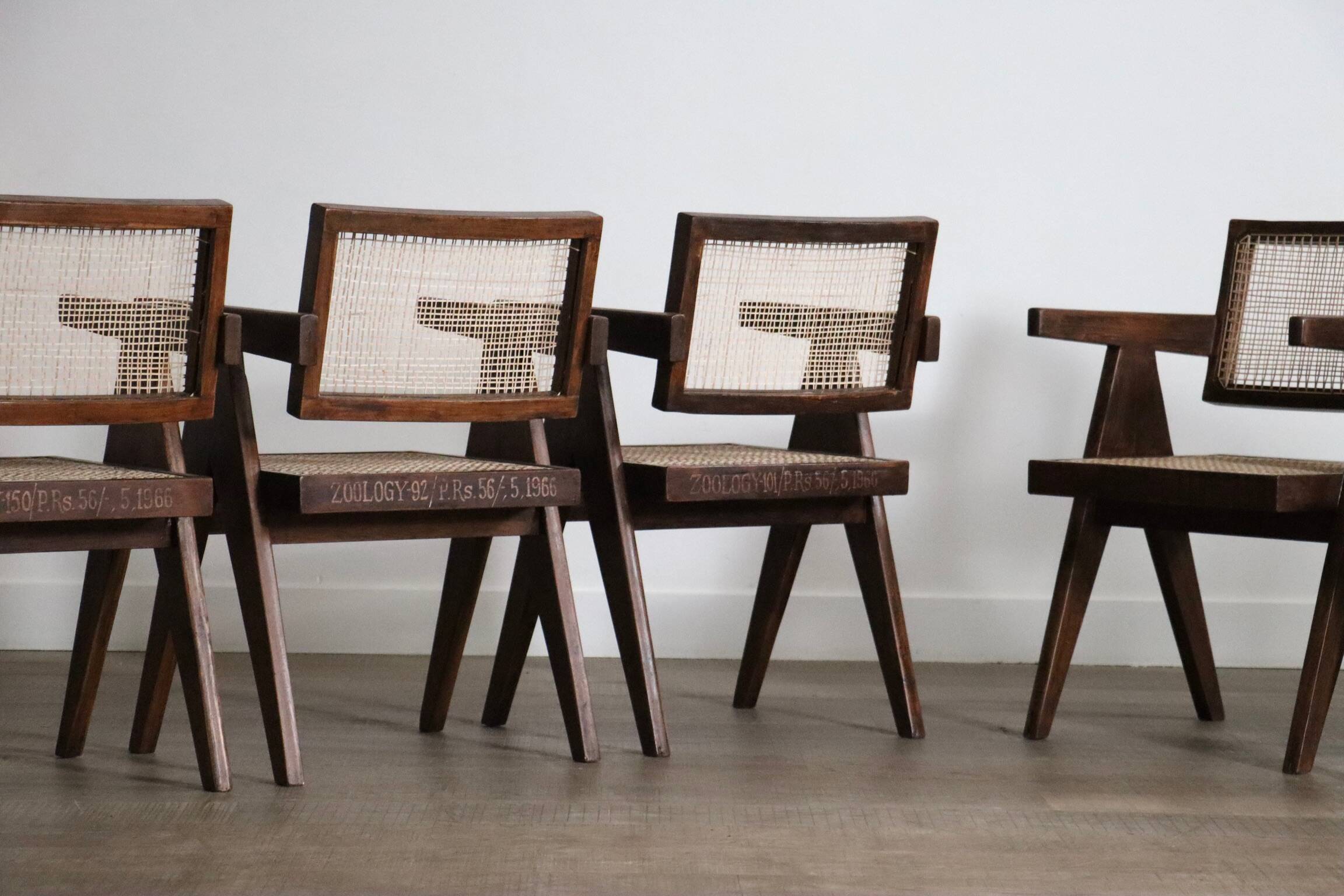 Set of 8 Pierre Jeanneret Office Cane Chairs, India 1950s