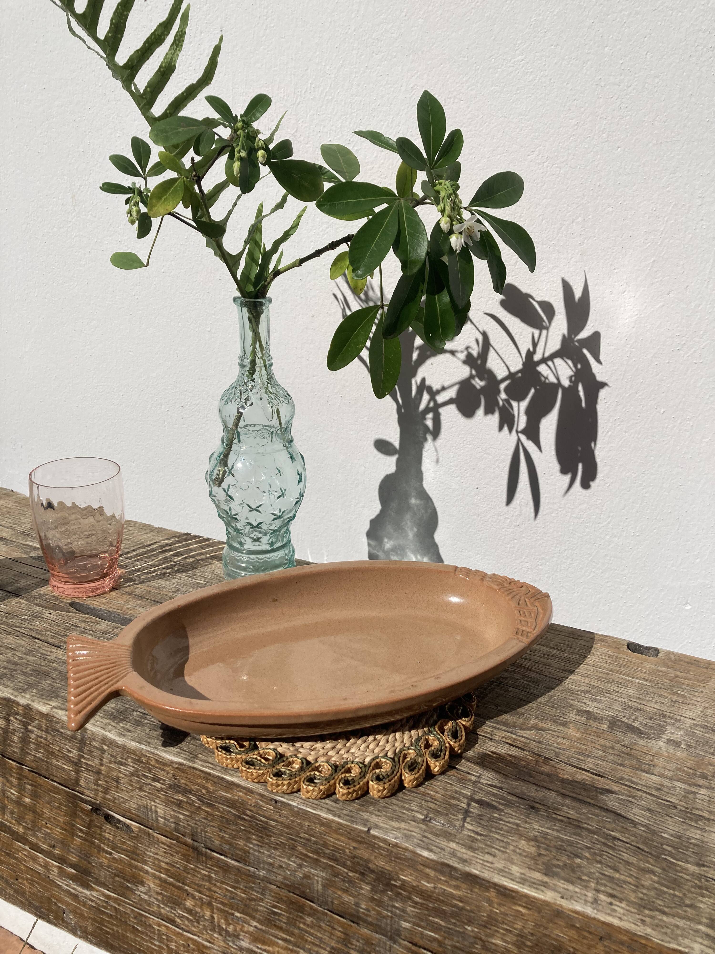 Oval brown ceramic fish dish