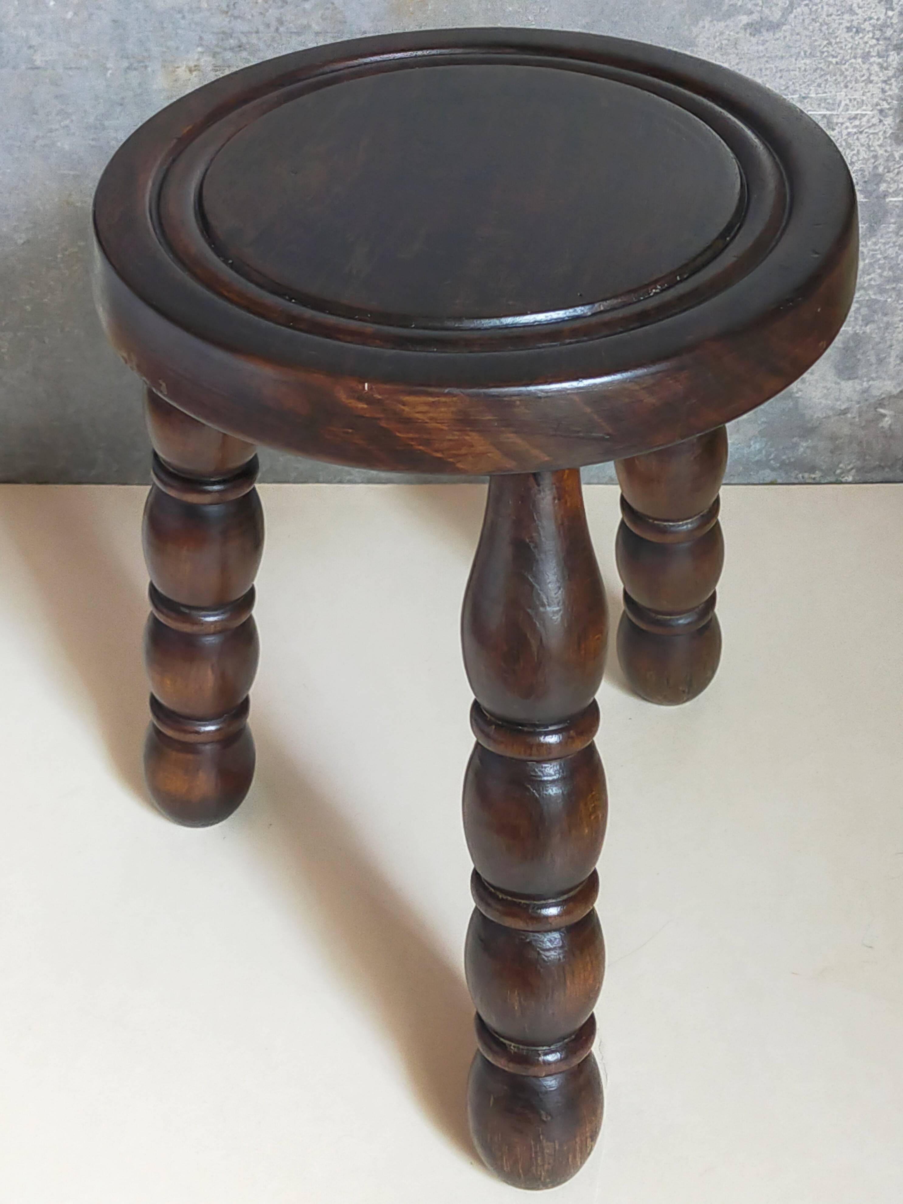 Vintage solid turned wood tripod stool