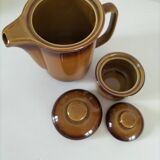 Coffee pot and sugar bowl in glazed stoneware, deep brown glazes.