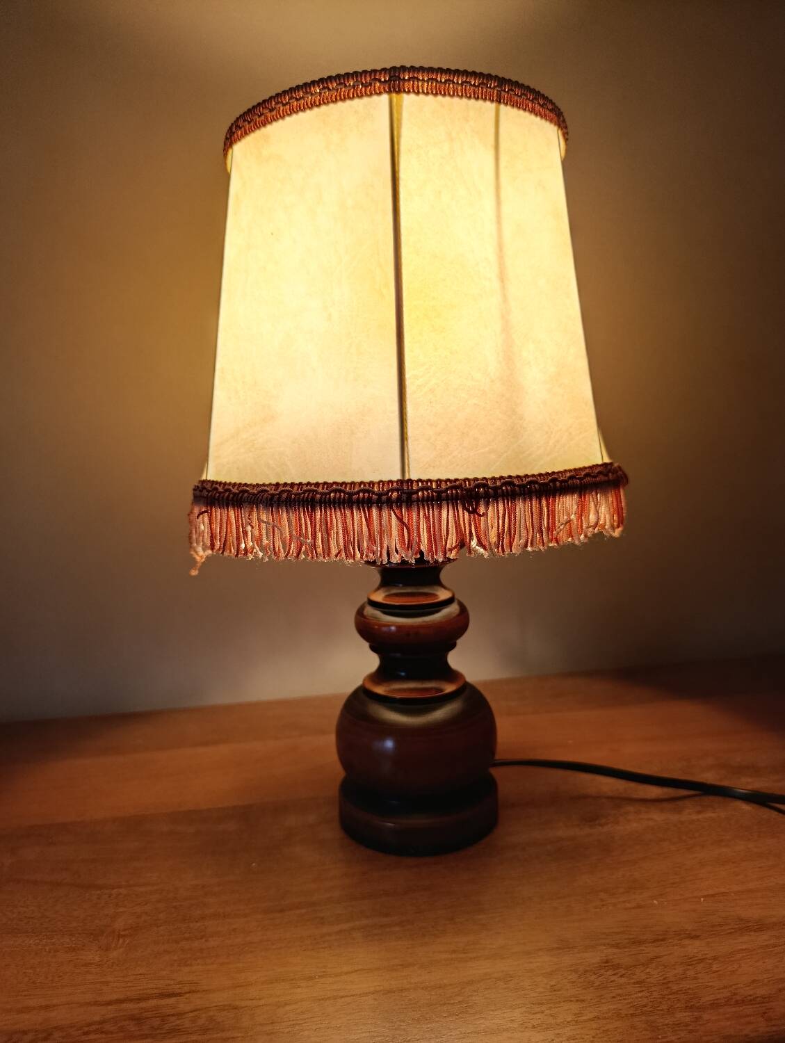 Two wooden bedside lamps, pagoda lampshades imitation leather, rustic chic.