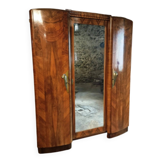 French Art Deco walnut wardrobe with mirror, 1930s