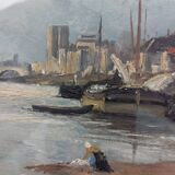 Banks of the Seine at Bercy Oil on panel 19th century signed Dupuy