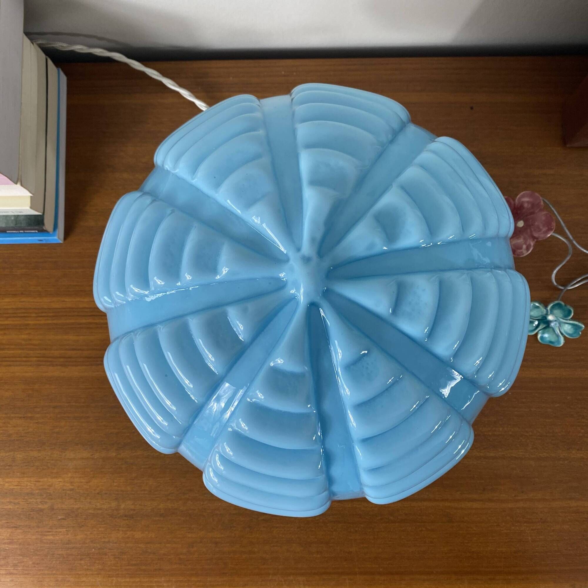 Vintage Art Deco modernist lamp with blue opaline glass and brass.