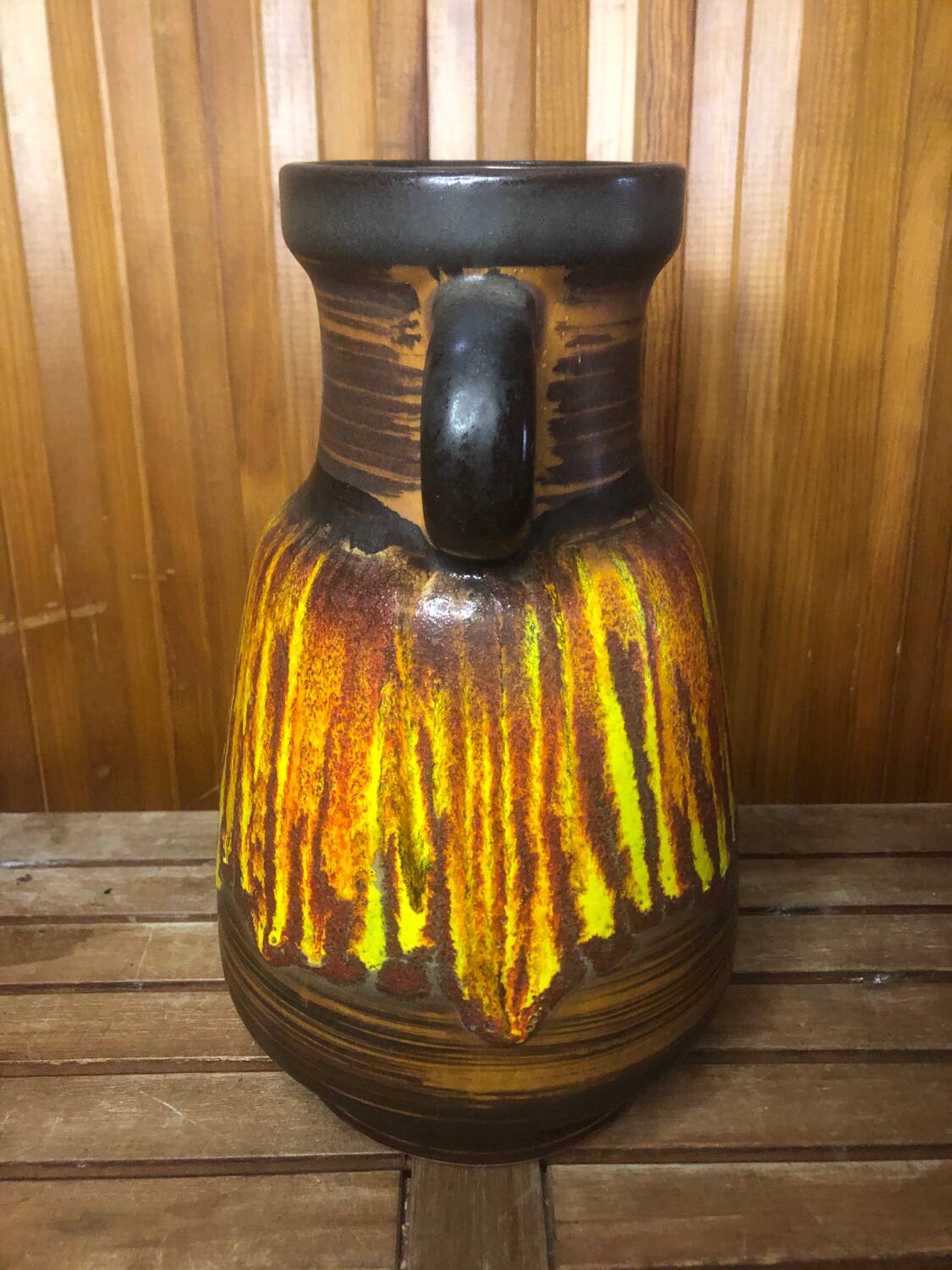 Old Vase With Handles ST CLÉMENT France Ceramic Brown & Orange Vintage #A412