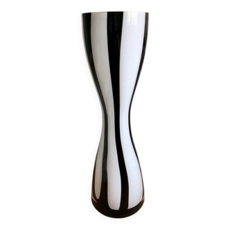 Black and white striped blown glass vase