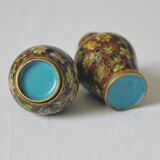 Salt shaker and pepper shaker in brass and vintage cloisonné enamel