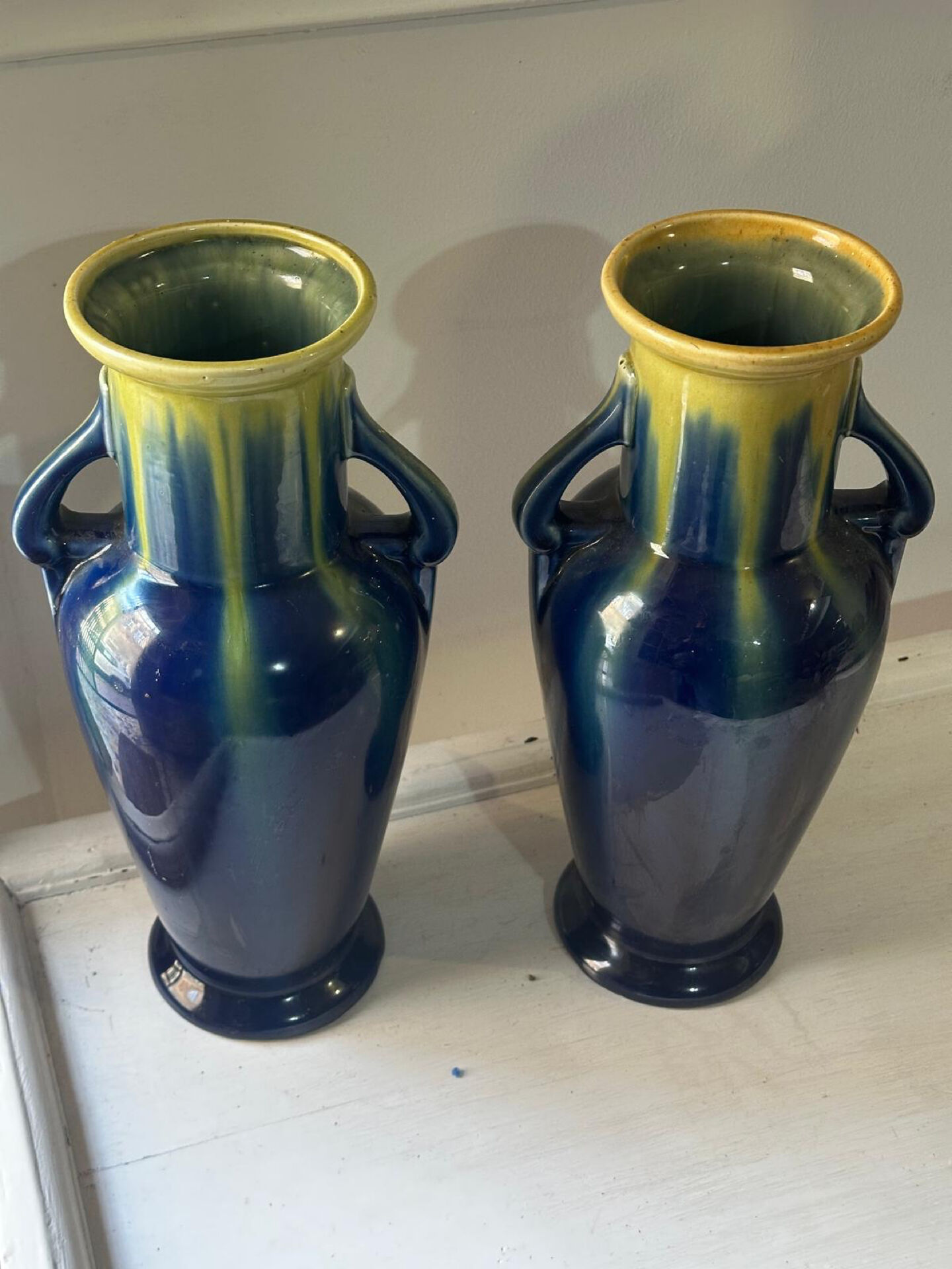 Pair of amphora vases Saint-Clément, glazed ceramic in blue and green.
