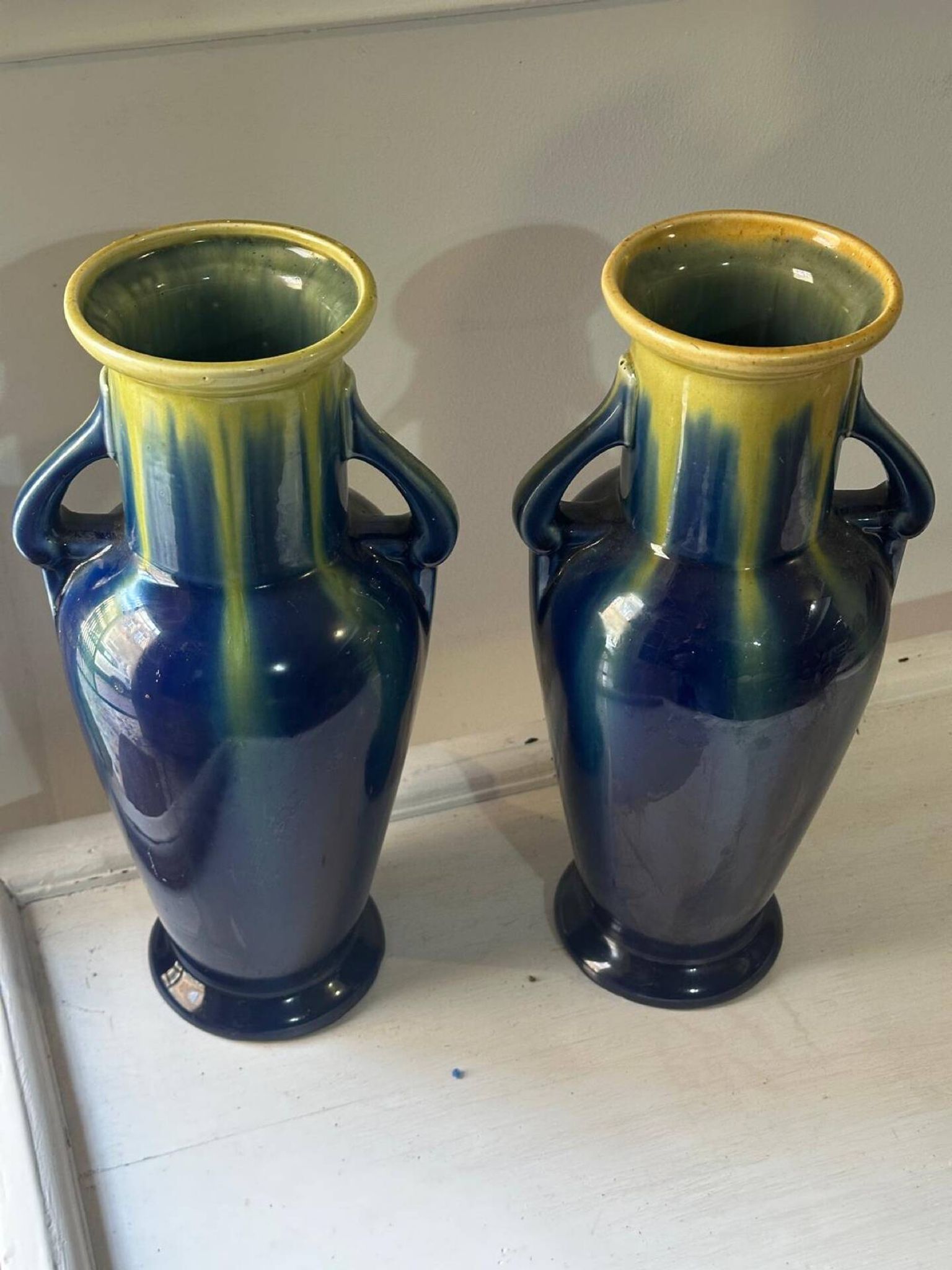 Pair of amphora vases Saint-Clément, glazed ceramic in blue and green.