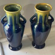 Pair of amphora vases Saint-Clément, glazed ceramic in blue and green.