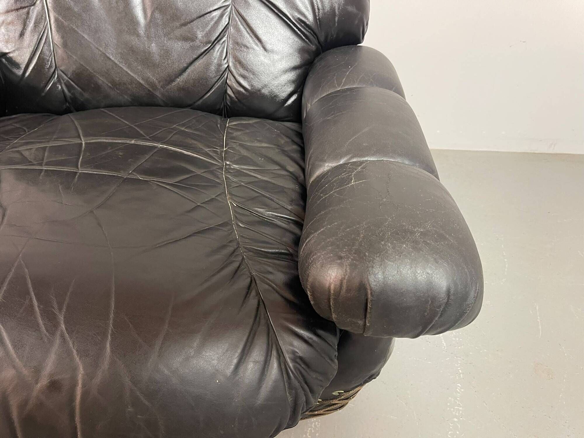 Large Set of Italian Space Age Black Leather Lounge Chairs with Brass