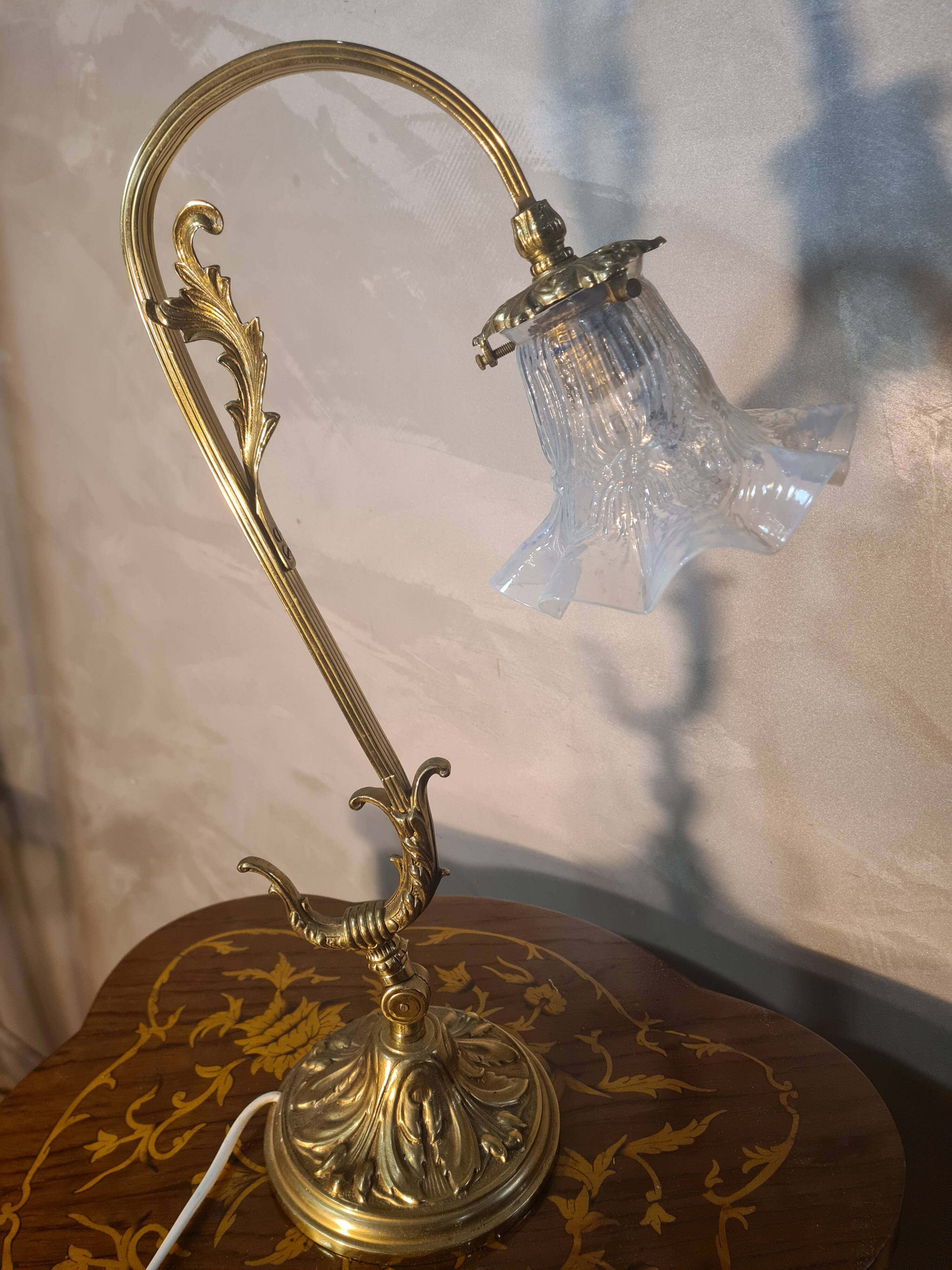 bronze and brass lamp with a magnificent blue moulded tulip, opalescent,