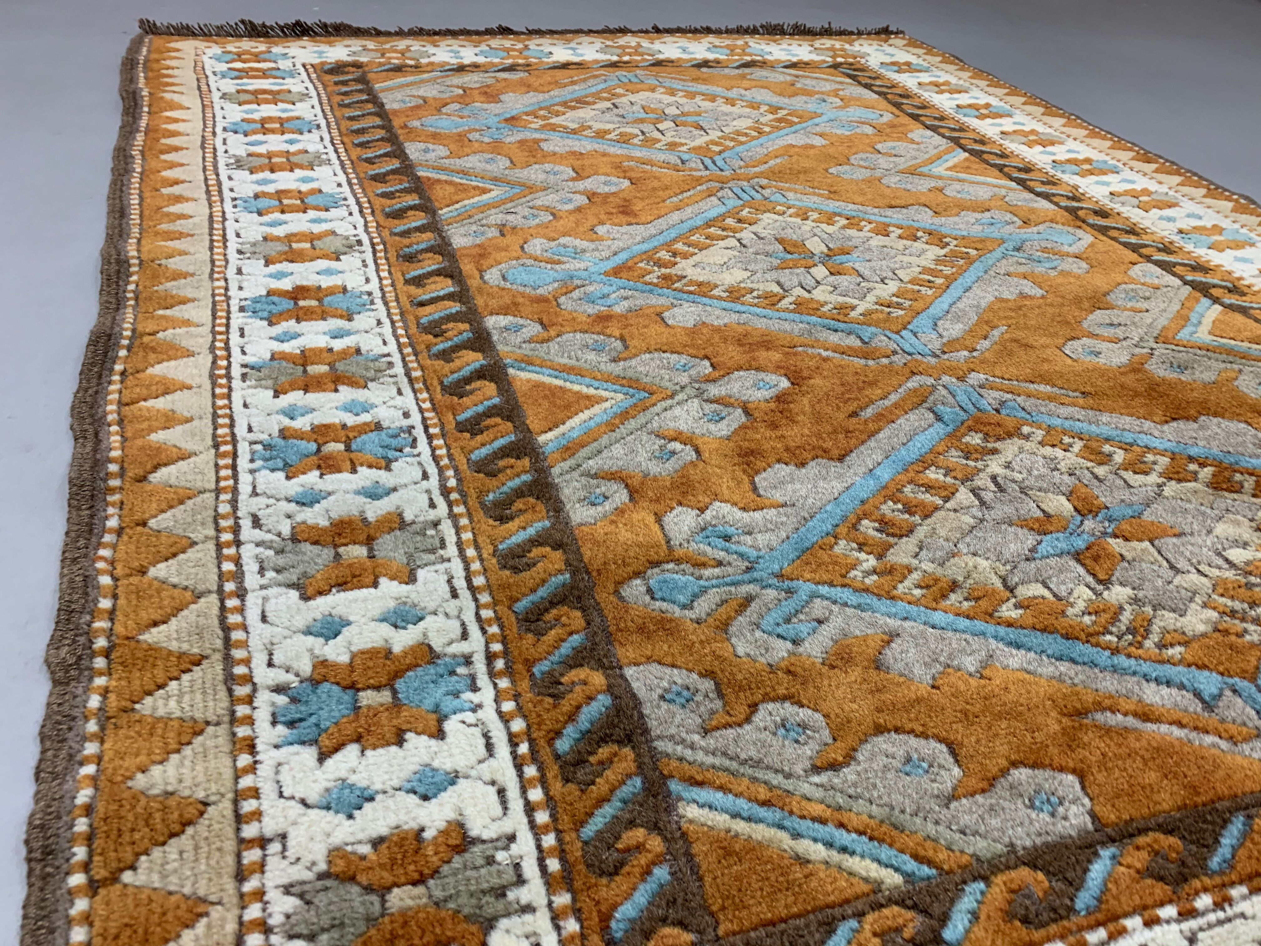 Old Turkish Rug 158x125 cm Vintage Oriental Rare Carpet Blue Brown Beige