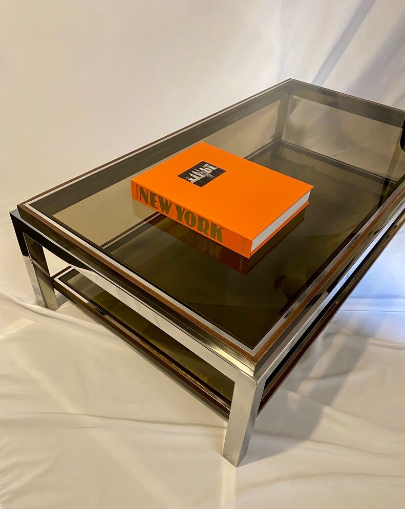 Table basse bicolore des années 1970 avec verre fumé d’après Willy Rizzo
