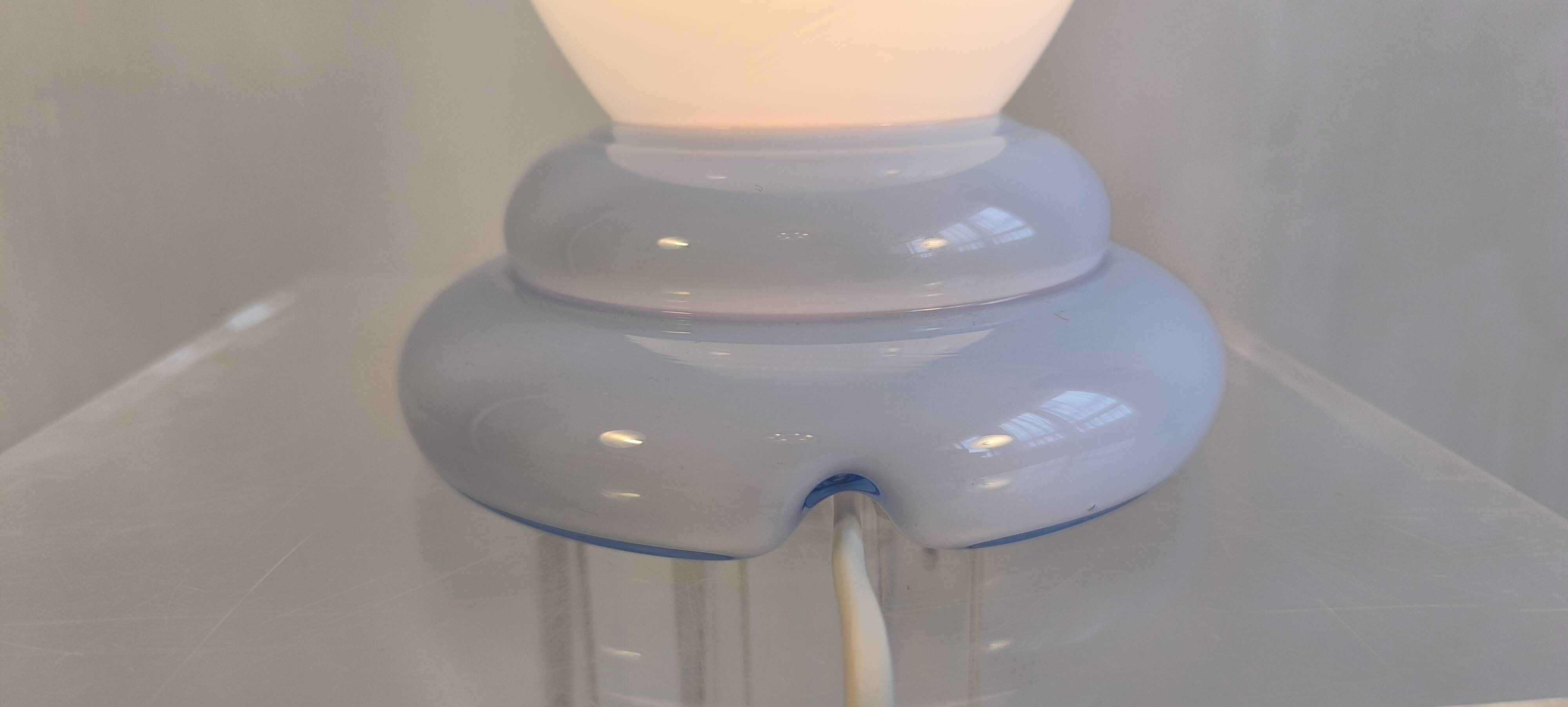 Magnificent large vintage lamp in opaline blue Bohemian glass — signed