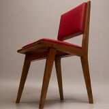 c. 1950 - Set of six “compass leg” chairs in oak and red leatherette -