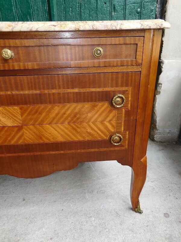 Commode 3 tiroirs plateau marbre style louis xvi en bois de rose