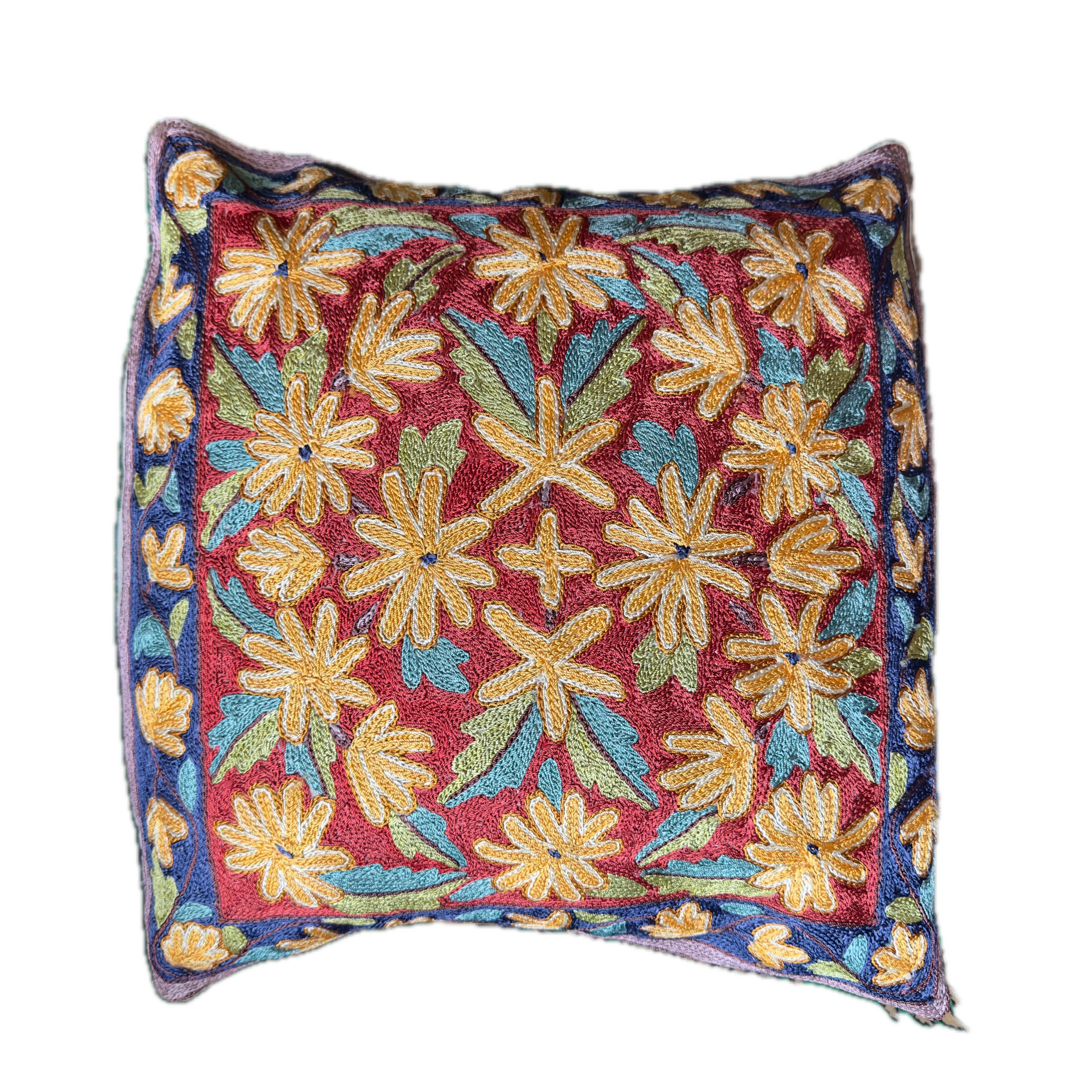 Hand-embroidered cushion cover from Kashmir, Mughal floral pattern 40 x 40 cm