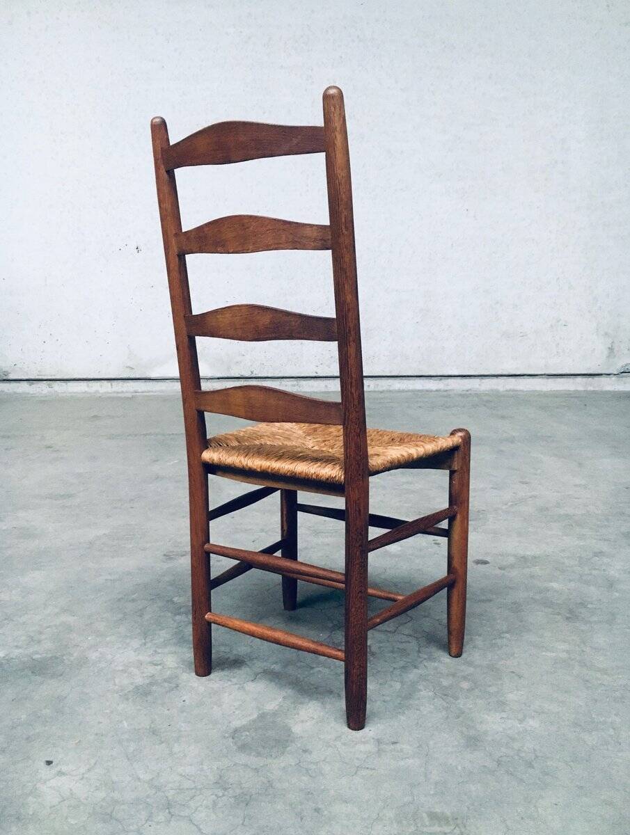 Rustic Handcrafted Oak and Rush High Back Dining Chairs, Belgium, 1940s, Set of 4