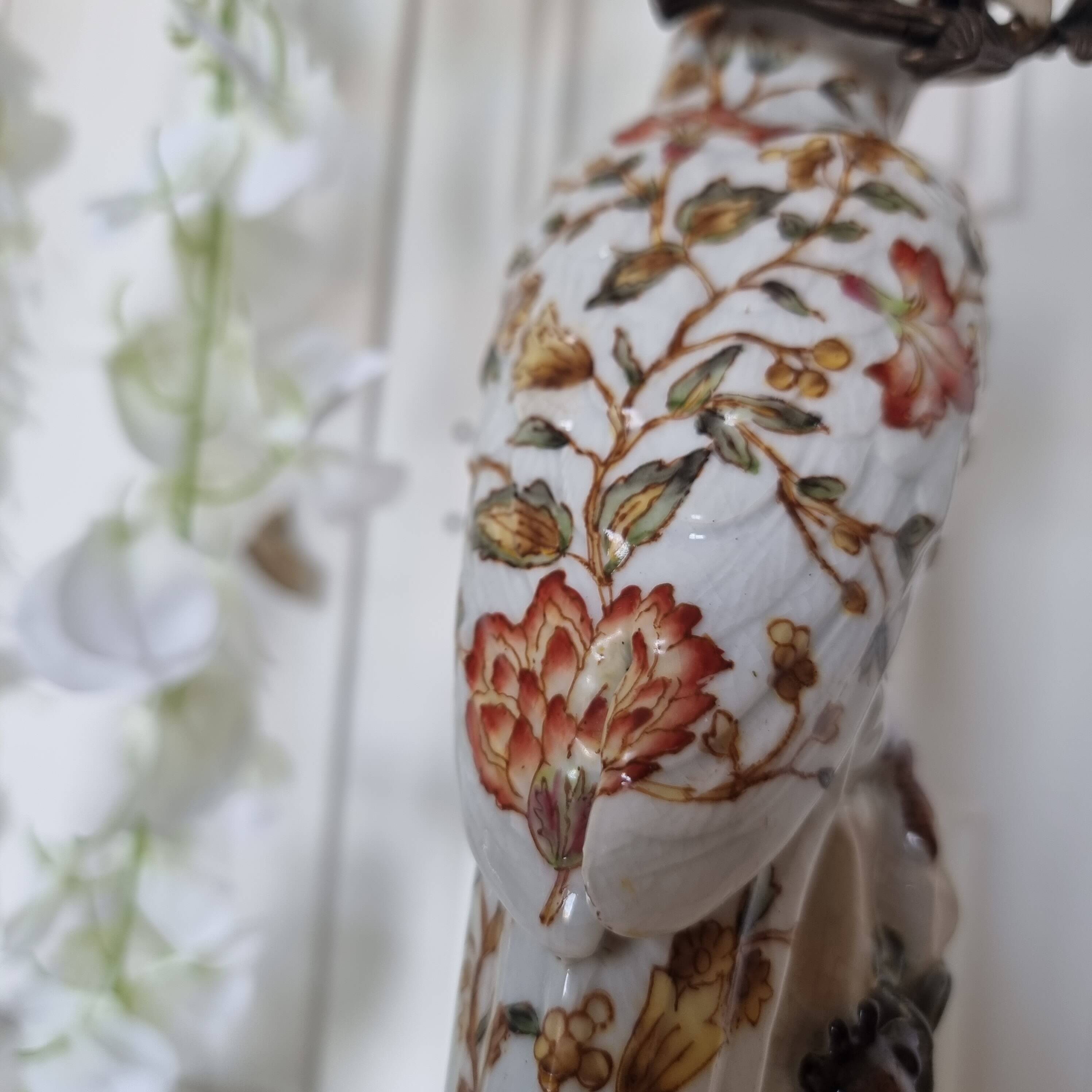 Parrot Candle Holder, Enameled Porcelain and Bronze, Late 19th Century