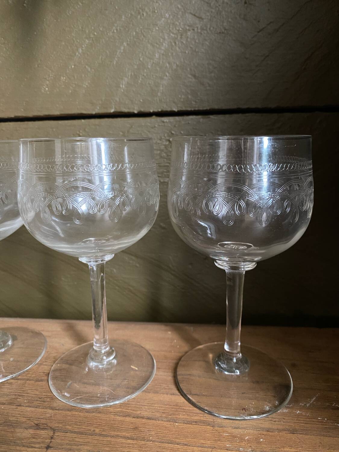 Set of 7 old etched glass stemware