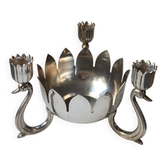 Candle holder in silver-plated metal, lotus shape.