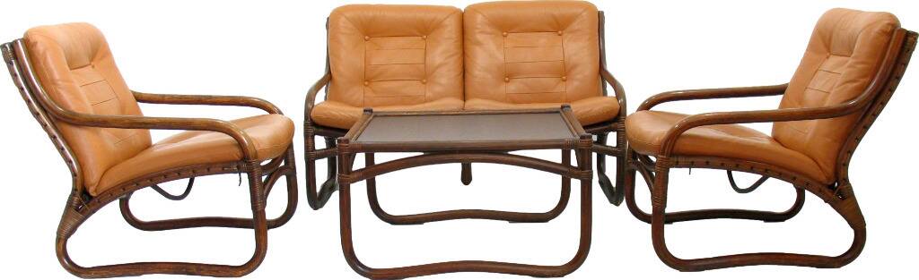Italian Bamboo, Rattan, and Leather Living Room Set, 1970s