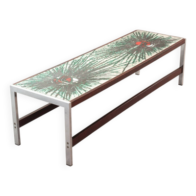 Table basse rectangulaire Denisco en céramique, effet explosion de couleurs, chrome et bois