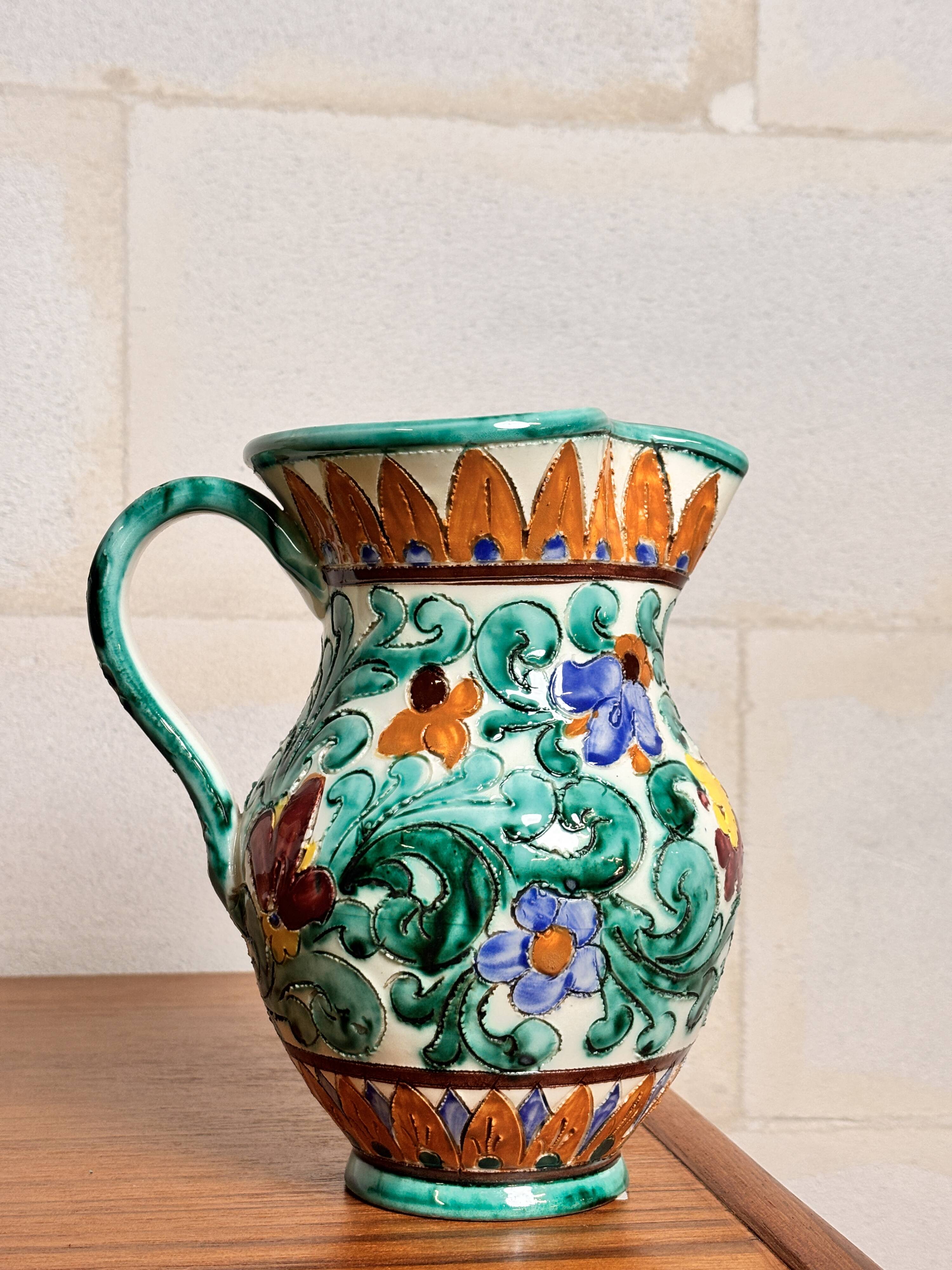 Vase jug with handle – floral decoration, signed Cerart Monaco ⎥1960s