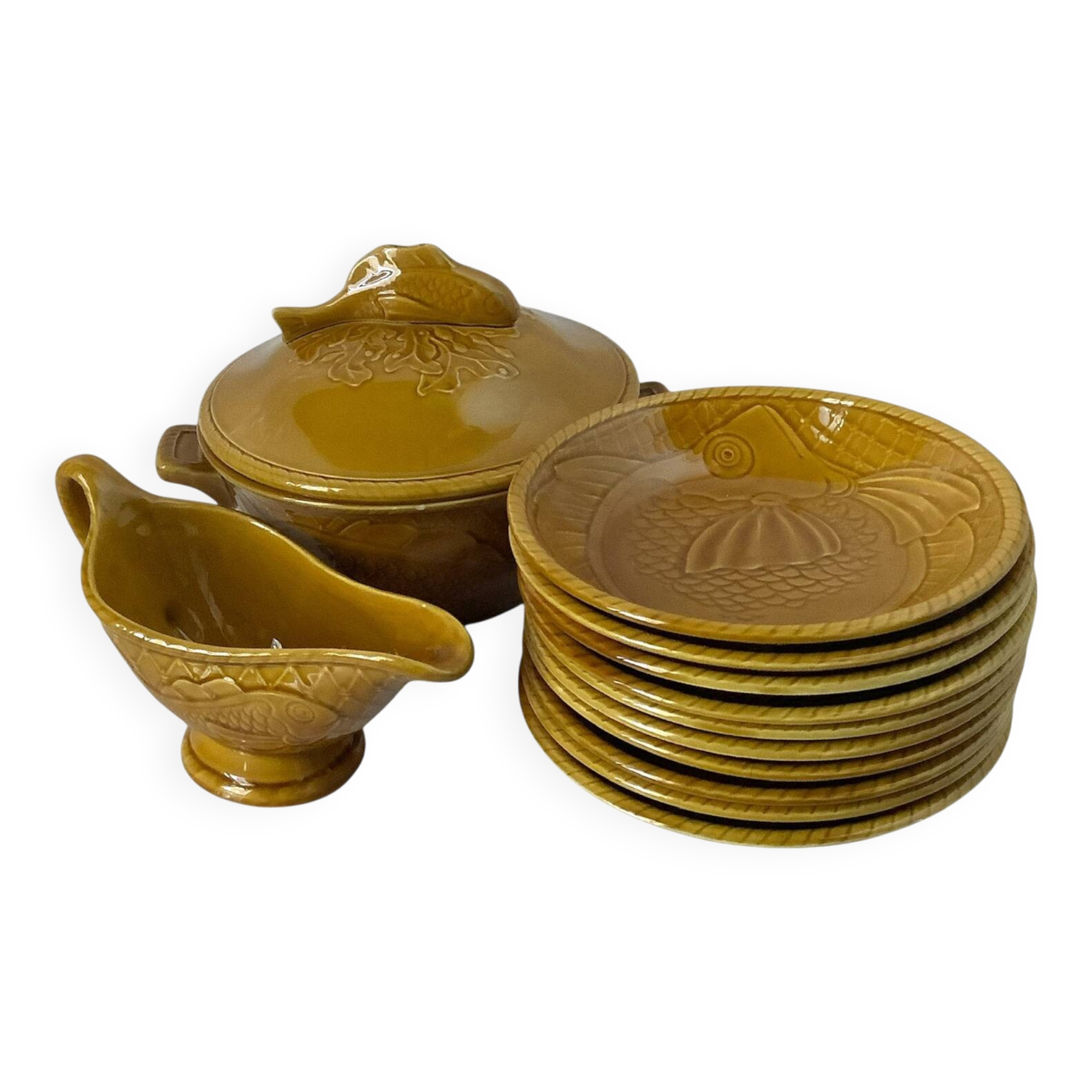 Service à soupe décor poisson en faïence de Gien – Vintage années 70