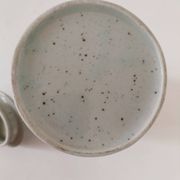 Vintage speckled stoneware coffee pot – navy blue floral decoration
