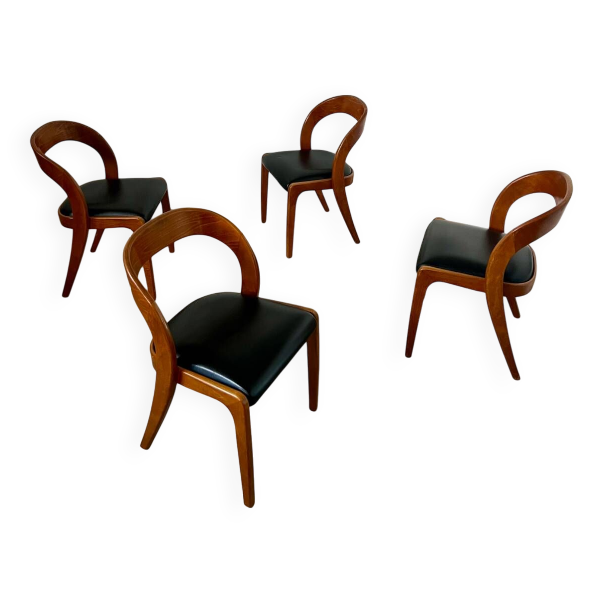 Lot 4 chairs in curved wood and leather design Baumann gondola model 60s vintage