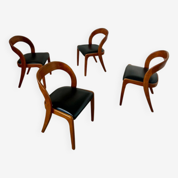 Lot 4 chairs in curved wood and leather design Baumann gondola model 60s vintage