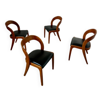 Lot 4 chaises en bois courbé et cuir design Baumann modèle gondole années 60 vintage