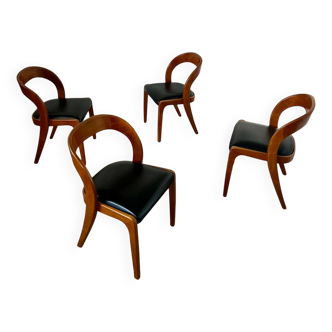 Lot 4 chairs in curved wood and leather design Baumann gondola model 60s vintage