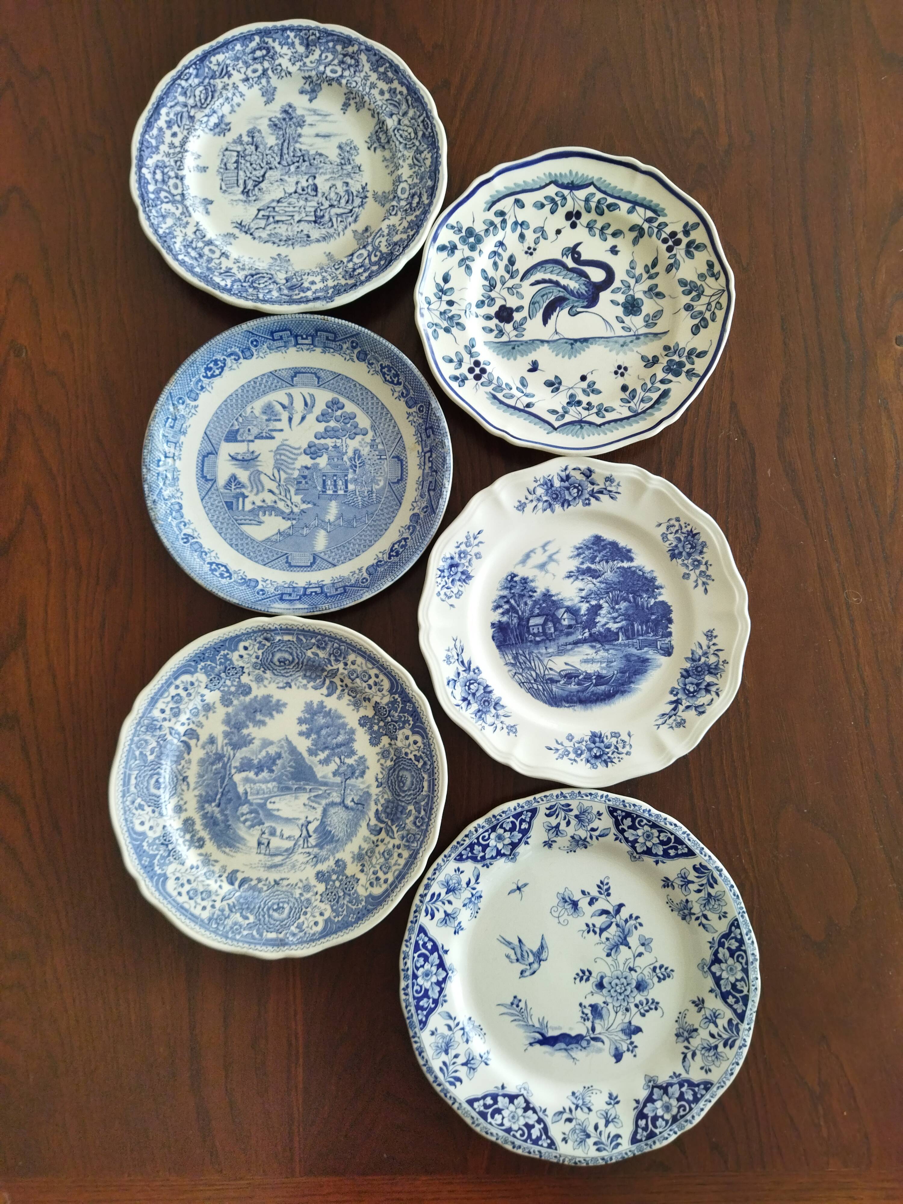 Six blue & white plates Gien, Villeroy & Boch, Sarreguemines, W.Adams (Tunstall) and K&G Luneville