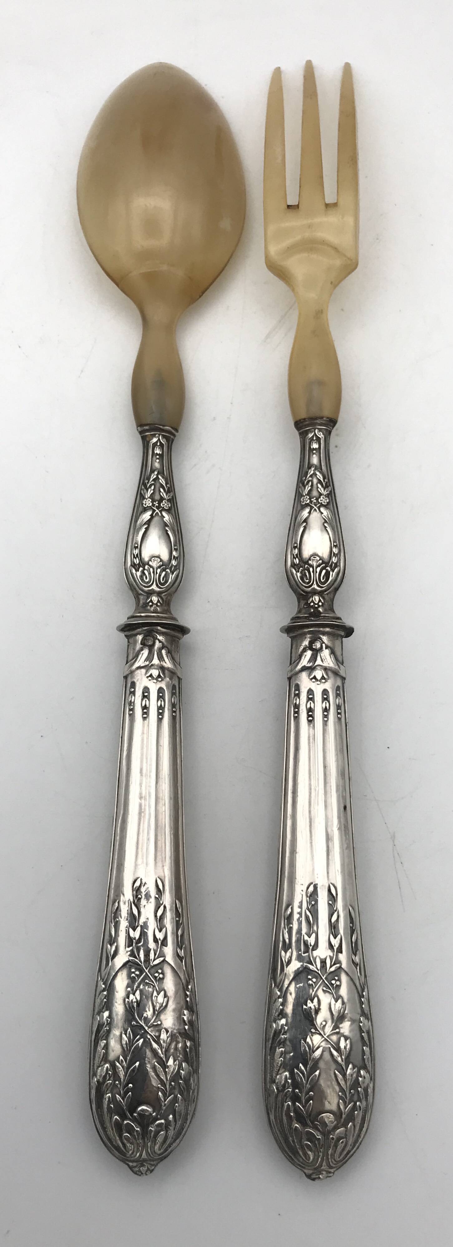 Serving cutlery, salad cutlery, in filled silver, minerva hallmarks