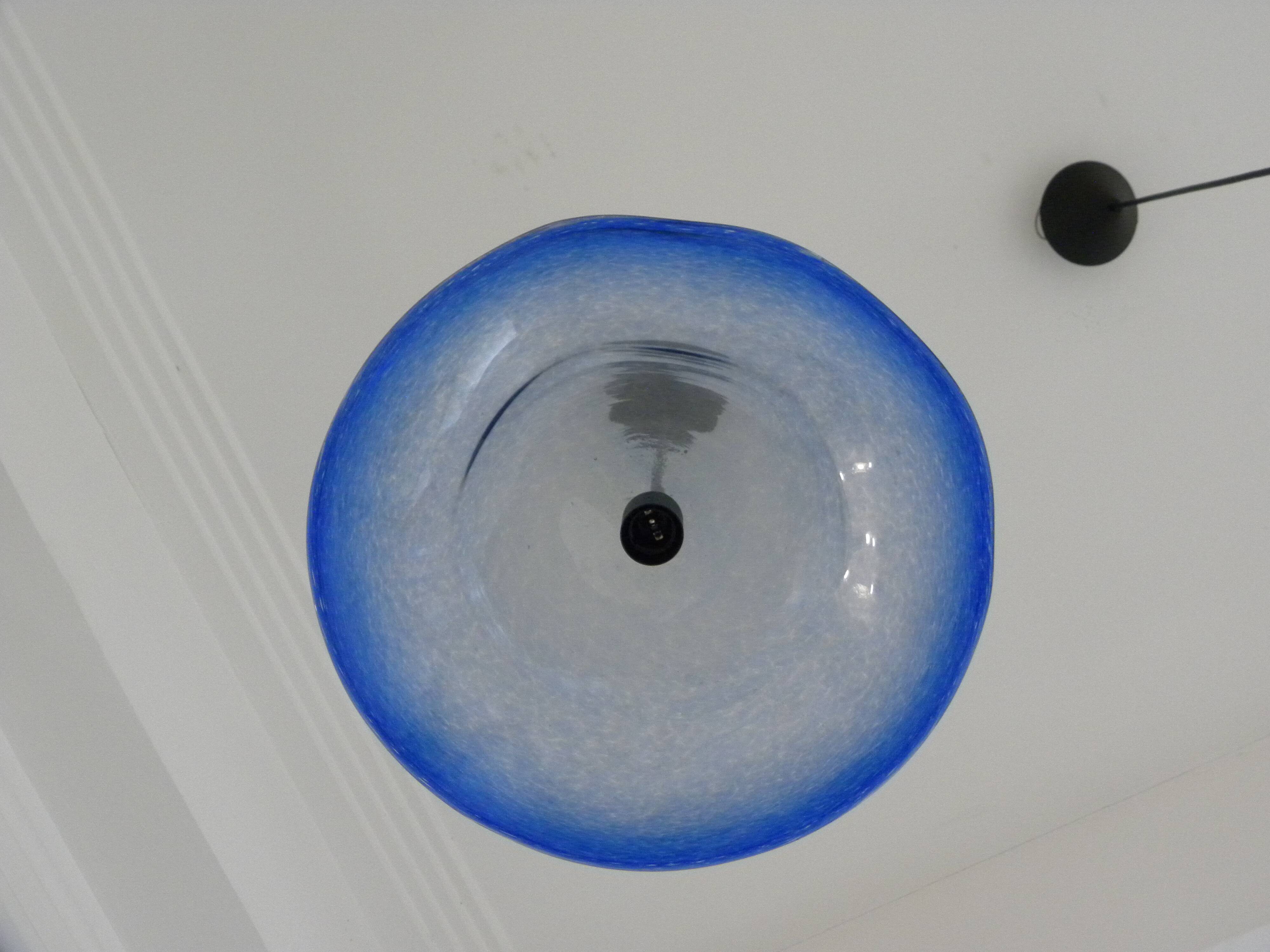Frosted blue blown glass suspension light in 70s retro style.