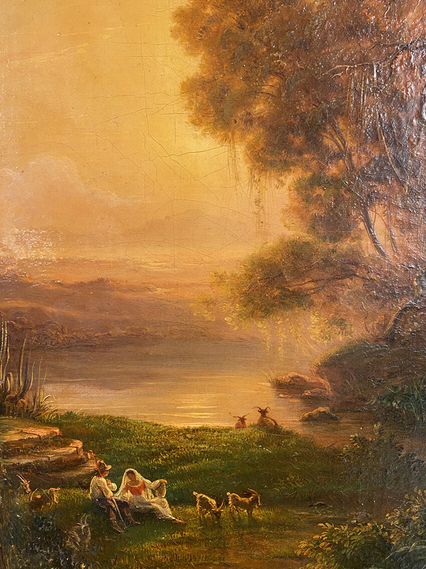 "Animated landscape at sunset", oil on canvas 19th century