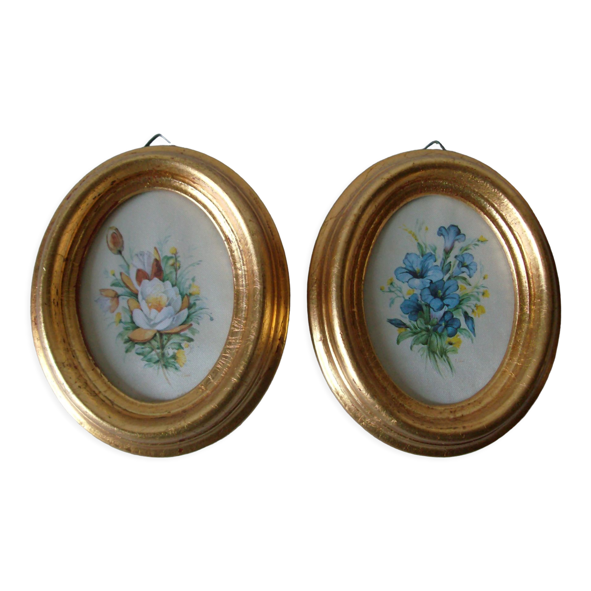 Set of 2 old frames in gilded wood and glass floral flower decoration