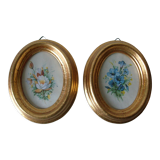 Set of 2 old frames in gilded wood and glass floral flower decoration