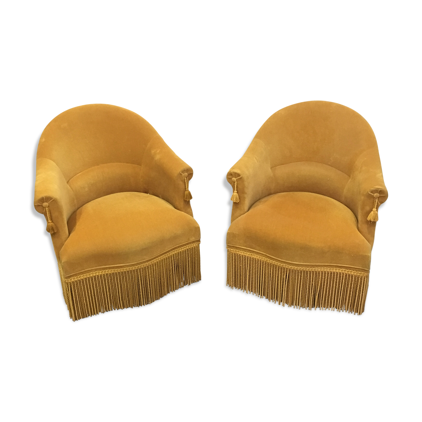 Pair of velvet fringed low chairs