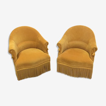 Pair of velvet fringed low chairs